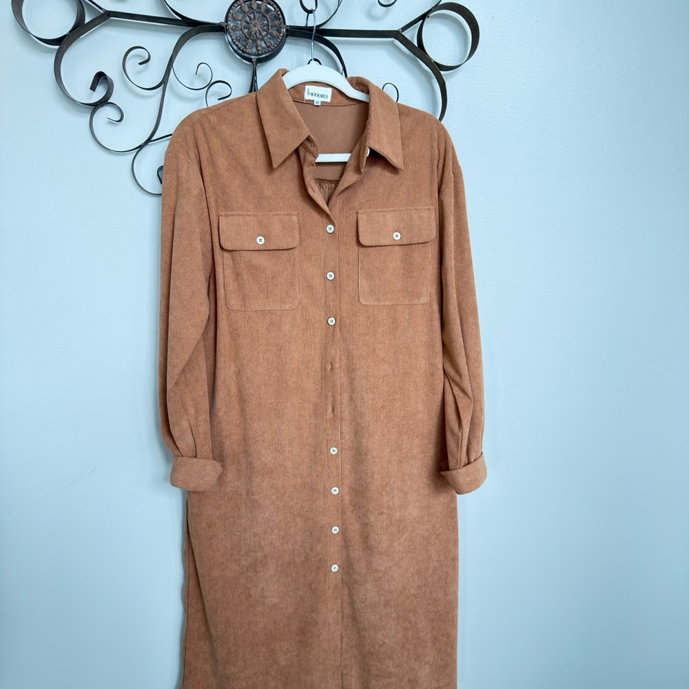 Elegant Tan Long Sleeve Shirt Dress